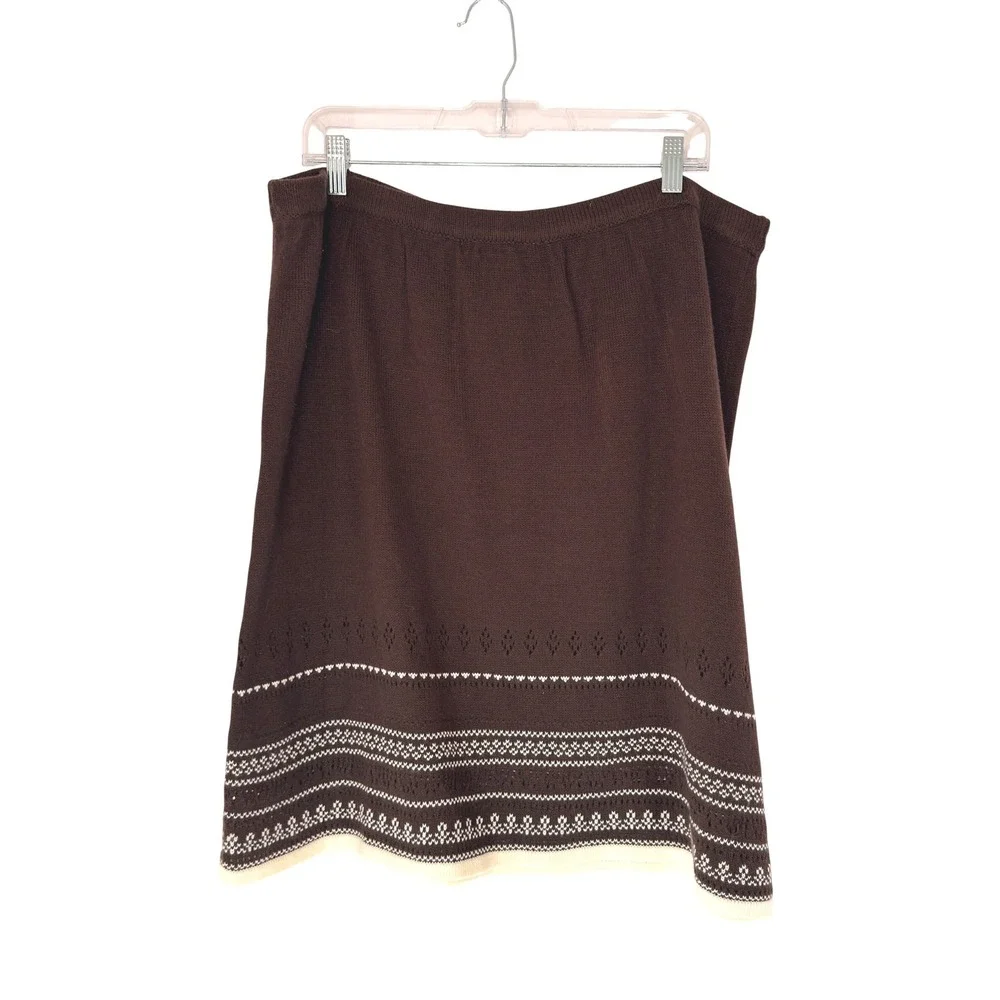 Women's Knit Sweater Skirt Brown White Plus Nordic Stretchy Pull On Cozy 1X